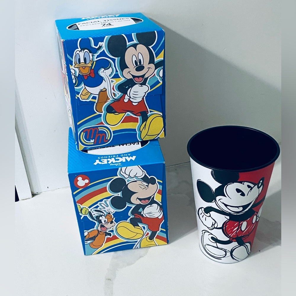 Mickey Mouse Disney 1 Plastic Tumbler 16oz and 2 Boxes of Facial Tissue